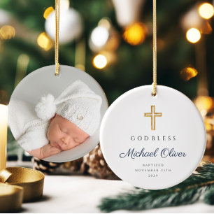 Modern God Bless Religious Cross Baptism Ceramic Tree Decoration