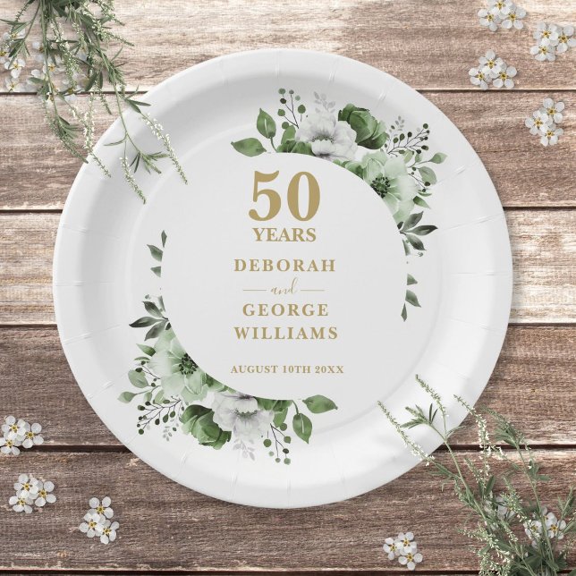 Modern Gold 50th Wedding Anniversary Greenery  Paper Plate (Modern Gold 50th Wedding Anniversary Greenery Paper Plates)