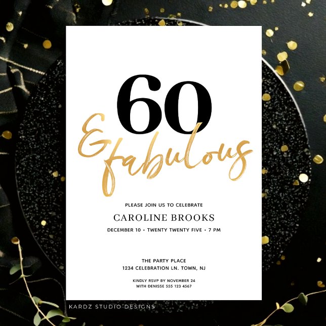 Modern Gold 60th Birthday Invitation (Invitation for sixtieth birthday shown in flat 5x7 in. card. Personalize in edit this design button.)
