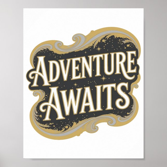 Modern Gold ADVENTURE AWAITS 3D Text Art Poster (Front)