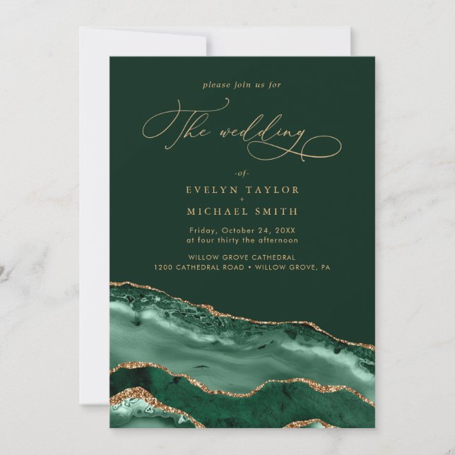 Modern Gold Agate green wedding  Invitation (Front)