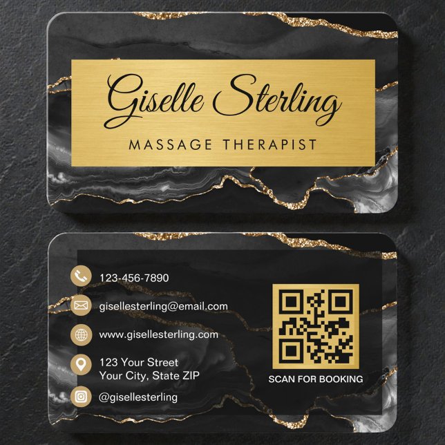 Modern Gold Agate Spa & Massage QR Code Business Card (Creator Uploaded)