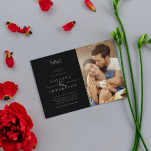 Modern Gold and Black Abstract Photo Wedding Invitation
