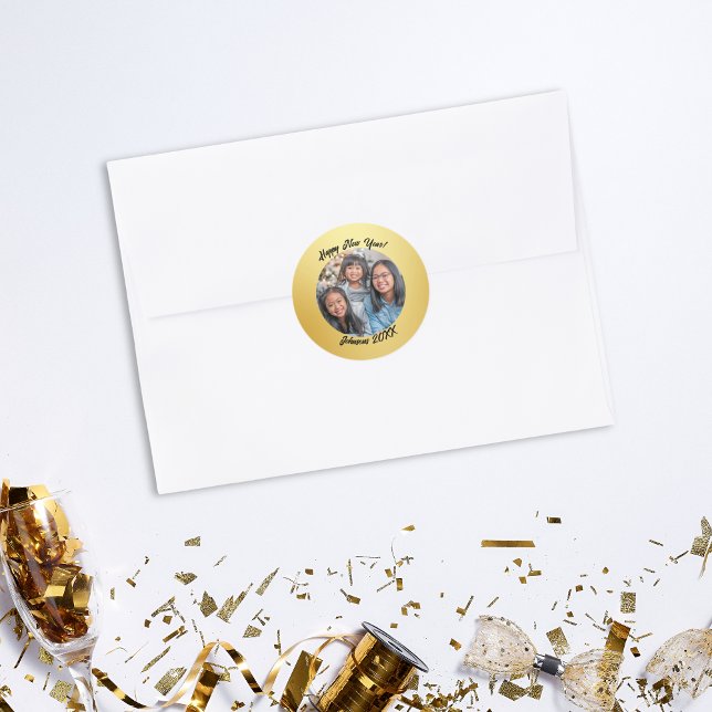 Modern Gold and Black Family Happy New Year Classic Round Sticker (Happy New Year Photo Sticker)