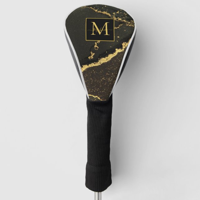 Modern Gold and Black Marbled Monogram Golf Head Cover (Front)