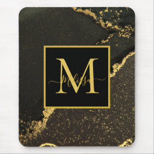 Modern Gold and Black Marbled Monogram Mouse Pad