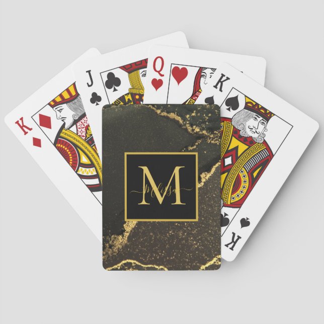 Modern Gold and Black Marbled Monogram Playing Cards (Back)
