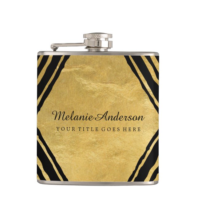 Modern Gold and Black Personalised Flask (Front)