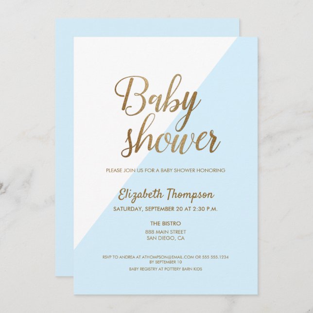 Modern Gold and Blue Baby Boy Shower Invitation Ca (Front/Back)