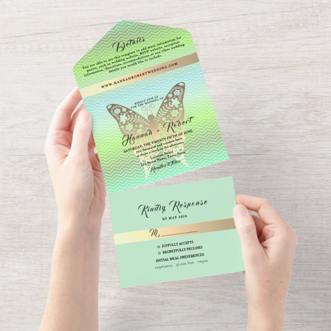 Modern Gold and Green Wedding All In One Invitation (Tearaway)