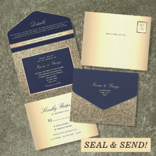 Modern Gold and Navy Blue Wedding All In One Invitation