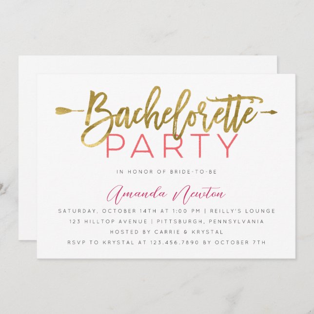 Modern Gold and Pink Typography Bachelorette Party Invitation (Front/Back)