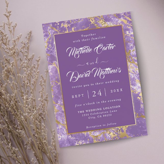 Modern Gold And Purple Marble Wedding Invitation (Creator Uploaded)