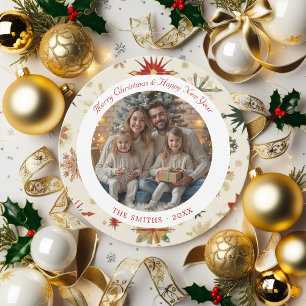 Modern Gold and Red Snowflakes round Holiday Card