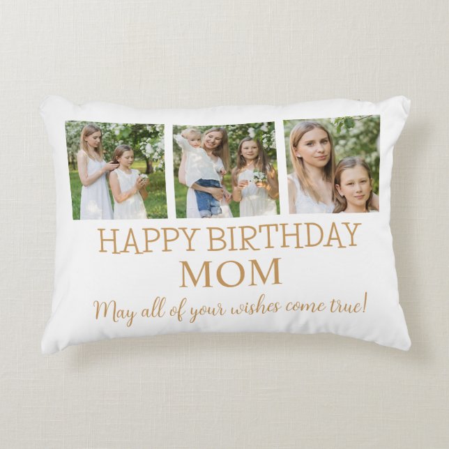 Modern Gold And White 3 Photos Mum Birthday  Decorative Cushion (Front)