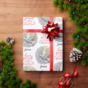 Modern Gold and White Dove Christmas Name  Wrapping Paper