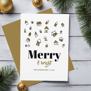 Modern Gold and White Merry and Bright Christmas Holiday Card