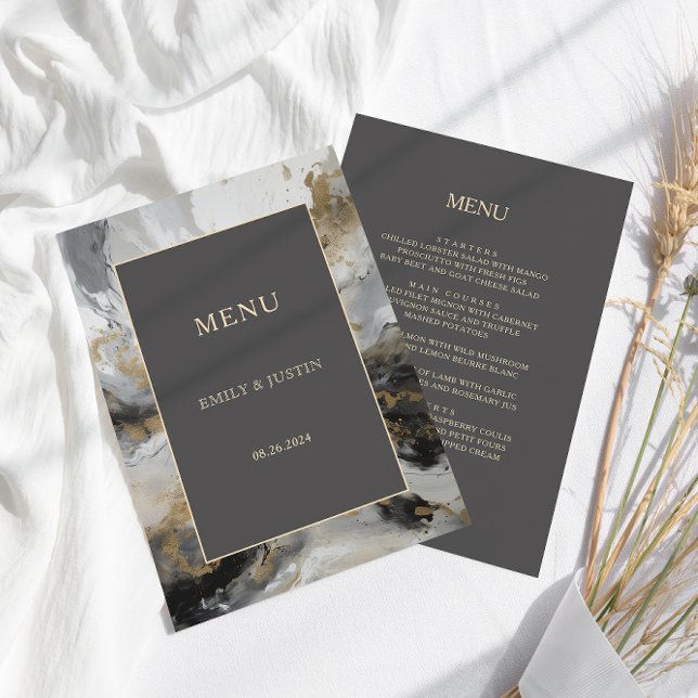 Modern Gold Anthracite Artistic Watercolor Wedding Menu (Creator Uploaded)