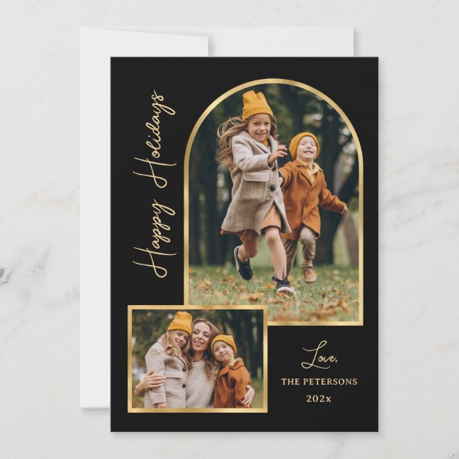 Modern Gold Arch 3 Photo Black Happy Holiday Card (Front)