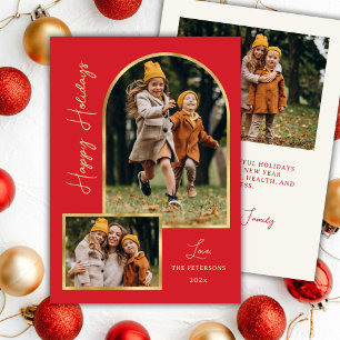 Modern Gold Arch 3 Photo Red Happy Holiday Card