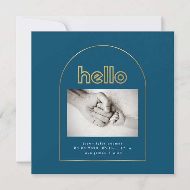 modern gold arch foil hello baby boy birth announcement (Front)