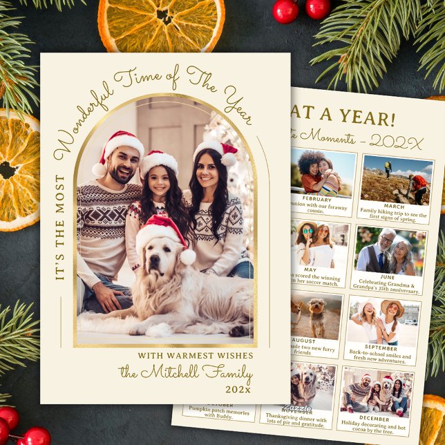 Modern Gold Arch Year in Review 13 Photo Collage Holiday Card (Creator Uploaded)