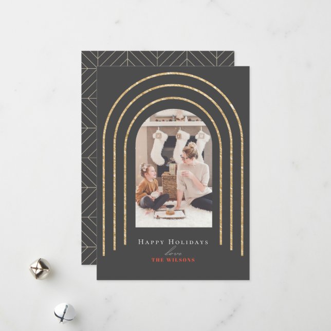 Modern Gold Arches Photo Christmas Dark Grey Holiday Card (Front/Back In Situ)
