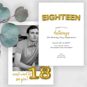 Modern Gold Balloon 18th Birthday Party Photo  Invitation