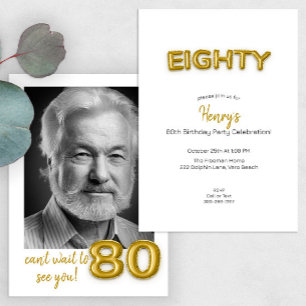 Modern Gold Balloon 80th Birthday Party Photo  Invitation