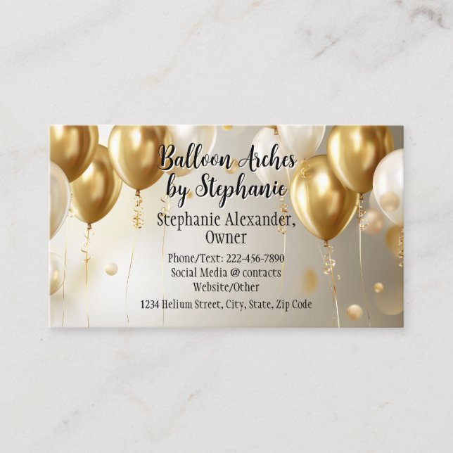 Modern Gold Balloon Arch Artist Party Planner Business Card (Front)