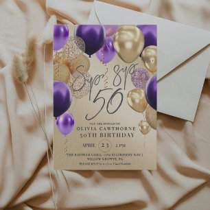 Modern Gold Balloons Purple 50th Birthday Party Invitation