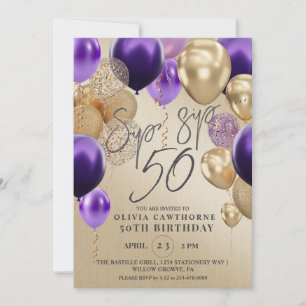 Modern Gold Balloons Purple 50th Birthday Party  Invitation