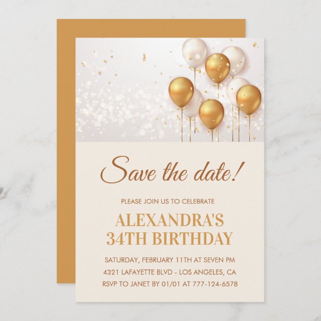 Modern Gold Balloons Save the date 34th birthday Invitation (Front/Back)