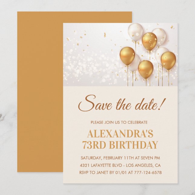 Modern Gold Balloons Save the date 73rd birthday Invitation (Front/Back)