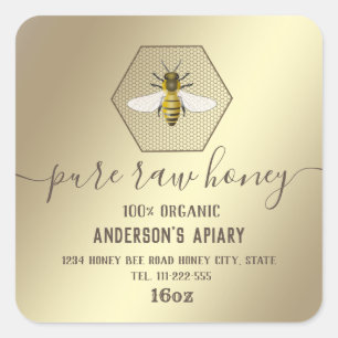 Modern gold bee honey comb honey jar square sticker