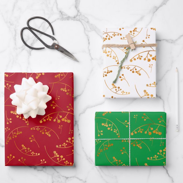 Modern gold berries pattern colourful backgrounds wrapping paper sheet (Front)