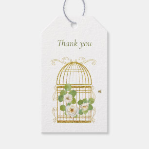 Modern Gold Birdcage with Floral Bouquet Gift Tag