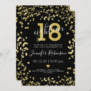 Modern Gold & Black 18th Birthday Party Foil Dots Invitation