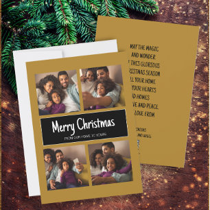 Modern Gold Black 4 Photo Collage Merry Christmas Holiday Card