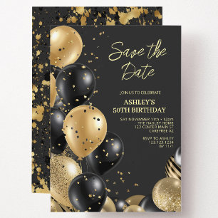 Modern Gold Black 50th Birthday Invitation