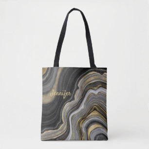 Modern Gold Black Agate Crystal Personalise Name Tote Bag