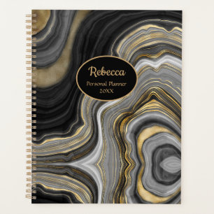 Modern Gold & Black Agate Crystal Personalise Planner
