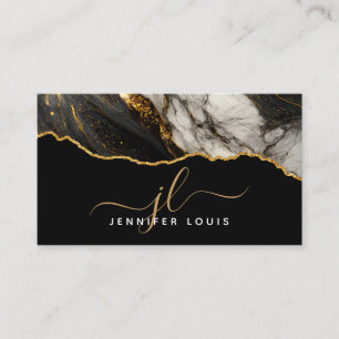 Modern Gold Black Agate Marble QR Code Business Card