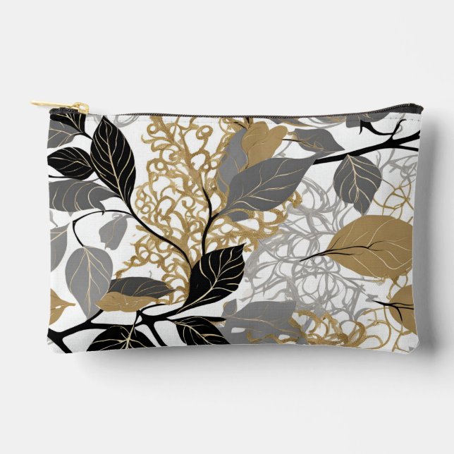 Modern Gold, Black and Gray Leaf Vine Design Accessory Pouch (Front)