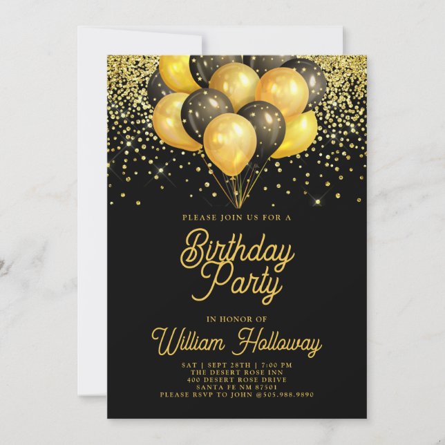 Modern Gold Black Balloons Birthday Party Invitation (Front)