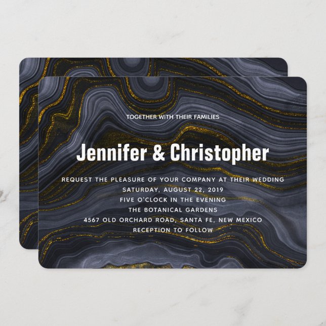 Modern Gold Black Blue-Grey Agate Abstract Wedding Invitation (Front/Back)
