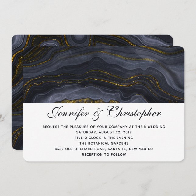 Modern Gold Black Blue-Grey Agate Abstract Wedding Invitation (Front/Back)