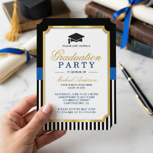 Modern Gold Black Blue Stripes Graduation Party  Invitation