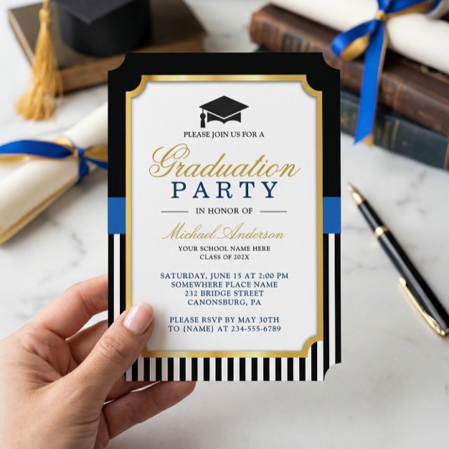 Modern Gold Black Blue Stripes Graduation Party  Invitation (Creator Uploaded)