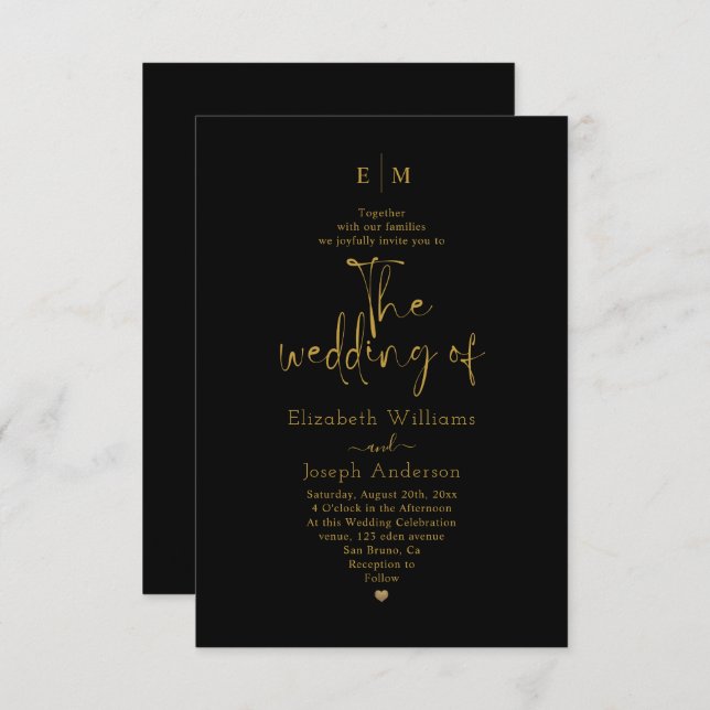  Modern Gold & Black Calligraphy Monogram wedding Invitation (Front/Back)